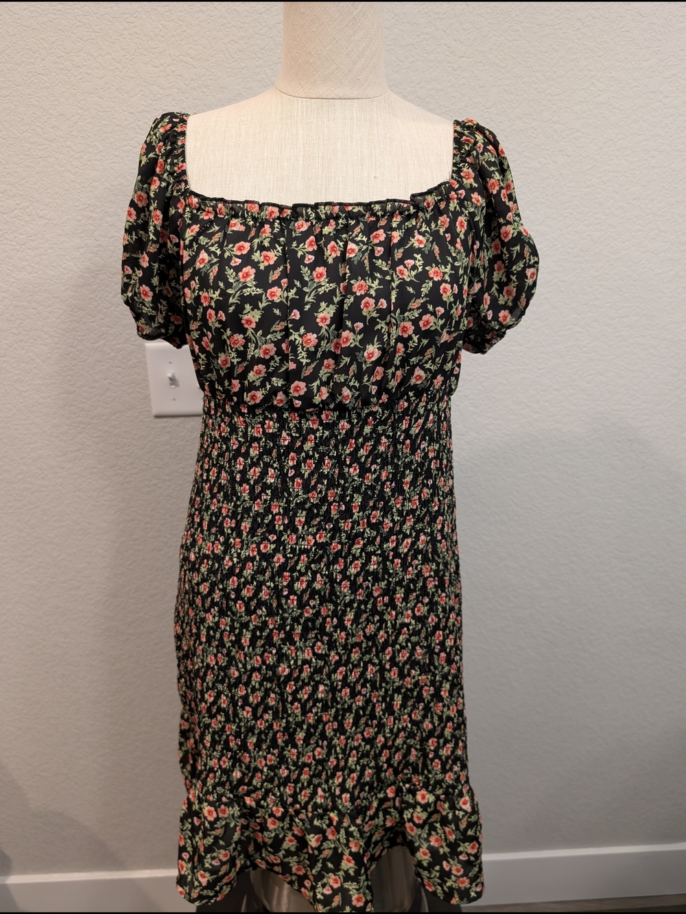 Almost Famous Black Floral Midi Dress with Pink and Green Blooms